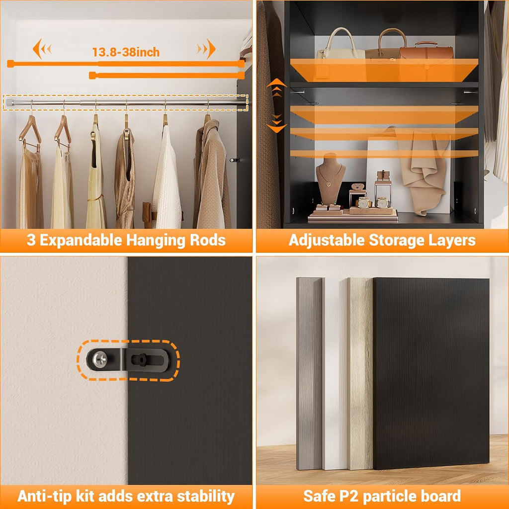 Homieasy 96 Inches Closet Organizer System, 8FT Customizable Walk In Closet Organizer with Hanging Rods, 3 Drawers Garment Rack with Leather Handle , 96' L x 16' W x 75' H, Max Load 1000 LBS, Black