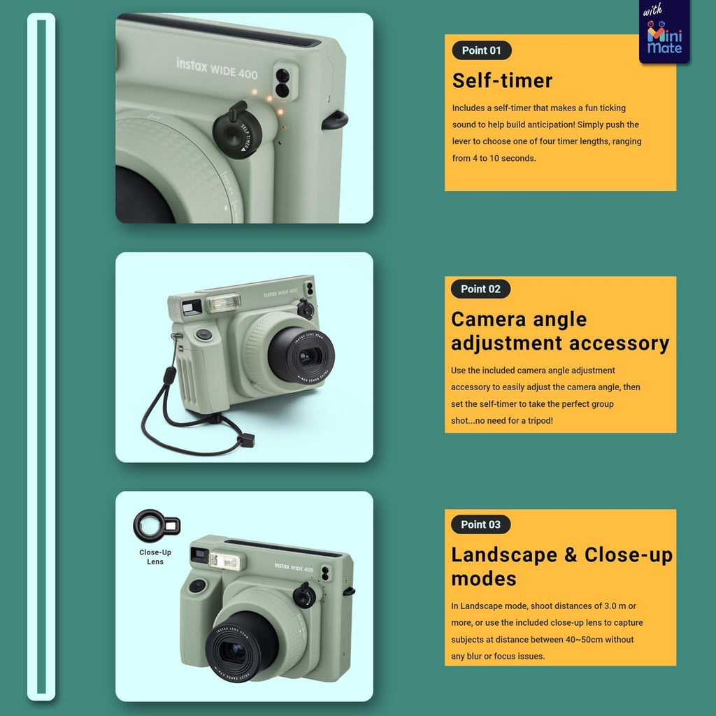 Fujifilm INSTAX Wide 400 Instant Camera - Sage Green with Creative Bonus Bundle of Fujifilm Wide Instant Film... (Camera + 2 Wide Twin Pack)