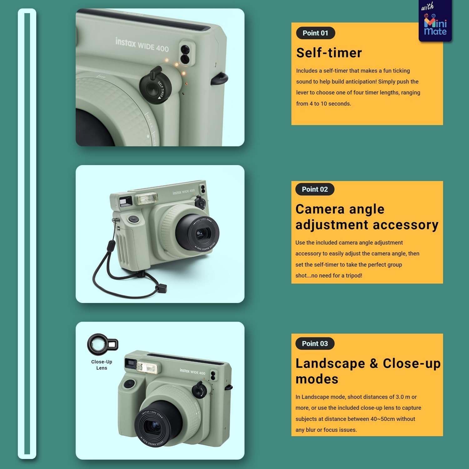 Fujifilm INSTAX Wide 400 Instant Camera - Sage Green with Creative Bonus Bundle of Fujifilm Wide Instant Film... (Camera + 2 Wide Twin Pack)
