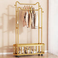 Gold clothes rack with Storage Shelf & Wheels – Double Rod Freestanding Garment Rack with Hooks，Portable Coat storage rack for Bedroom, Living Room(80cm/31.5in)