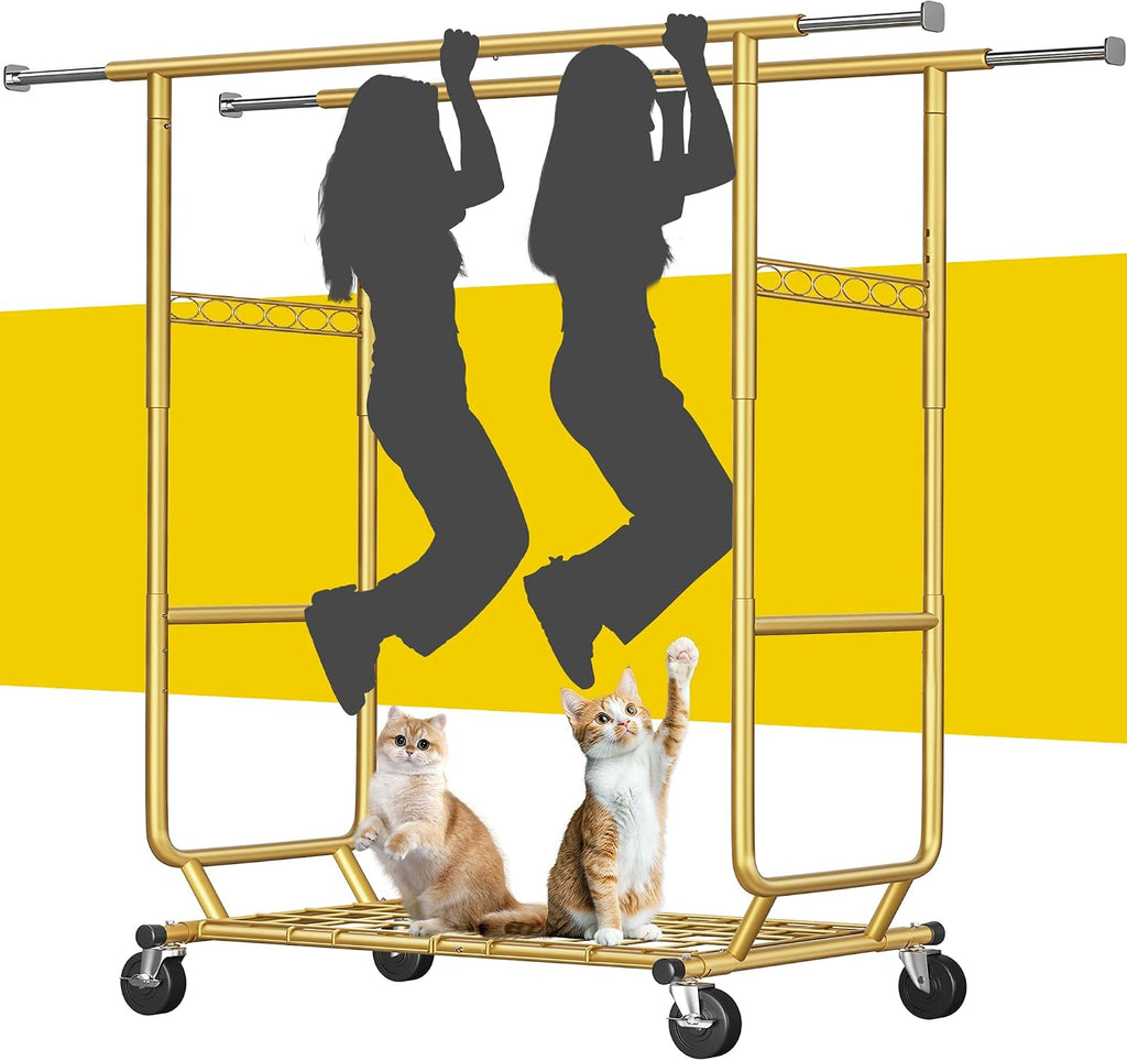 Raybee Clothes Rack Load 650LBS Heavy Duty Clothing Rack, Collapsible Clothes Racks for Hanging Clothes with Adjustable Height & Double Rods, Commercial Garment Rack with Wheels, Easy Assembly, Gold