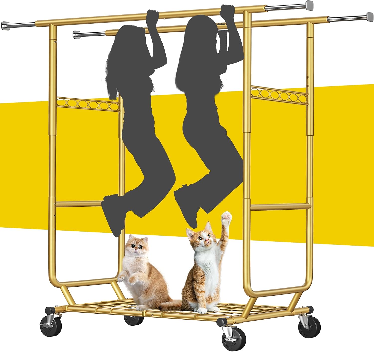 Raybee Clothes Rack Load 650LBS Heavy Duty Clothing Rack, Collapsible Clothes Racks for Hanging Clothes with Adjustable Height & Double Rods, Commercial Garment Rack with Wheels, Easy Assembly, Gold