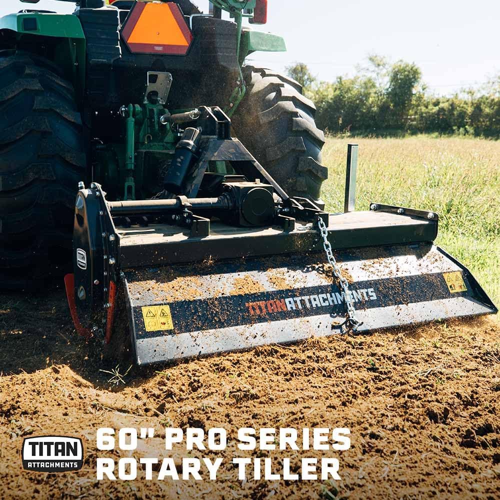 Titan Attachments Pro Series 3 Point Rotary Tiller, 60' Cutting Width, Fits Cat 1 & Cat 2 Tractors 25-65 HP Rototiller, 8' Digging Depth, PTO Driven Cultivator