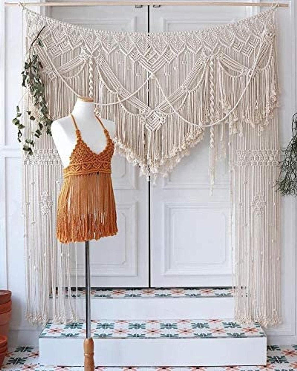 Handmade Macrame Large Curtain Bohemian Boho Decoration Backdrop Wedding Wall Hanging W 75 x 85 Inch, Natural
