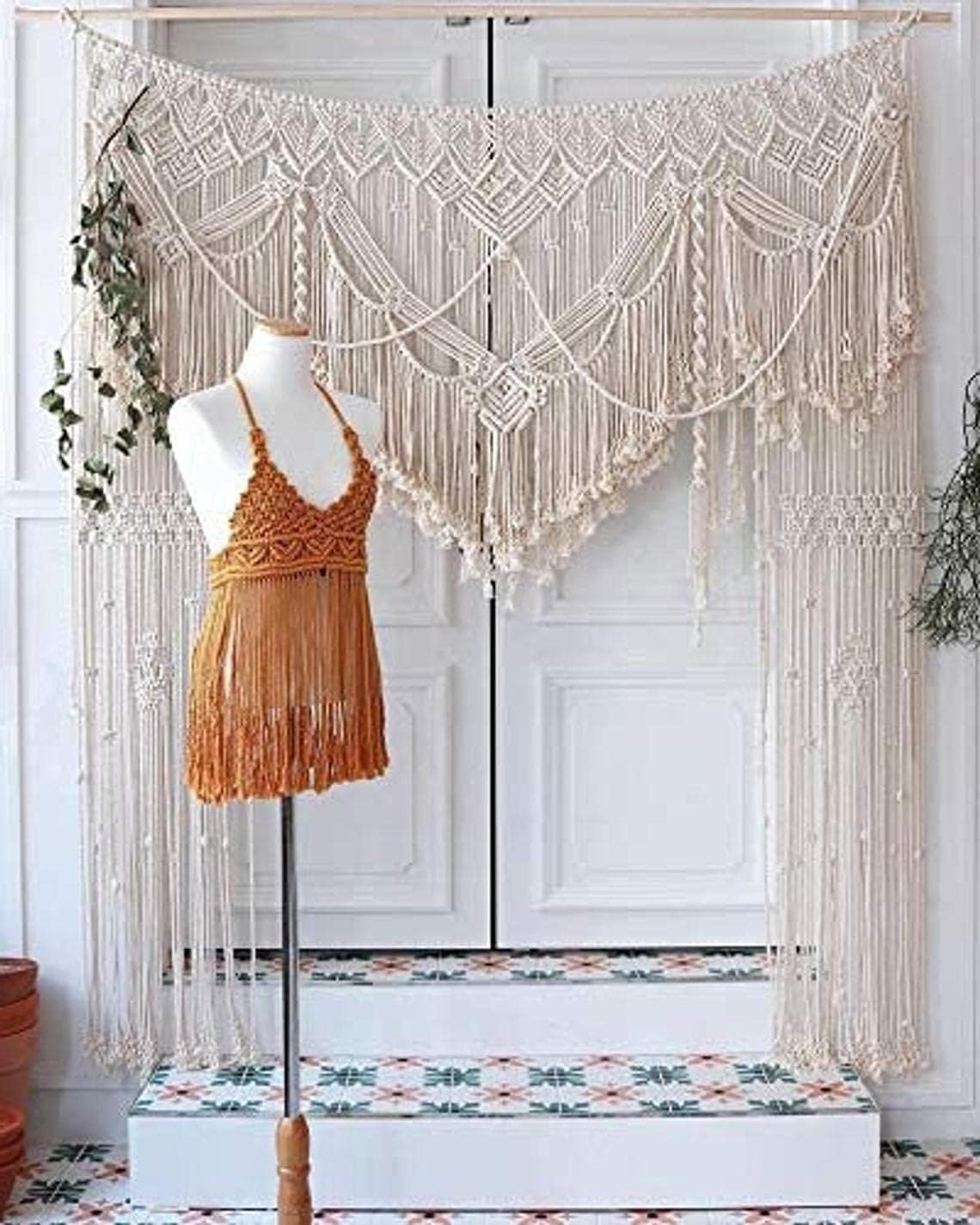 Handmade Macrame Large Curtain Bohemian Boho Decoration Backdrop Wedding Wall Hanging W 75 x 85 Inch, Natural
