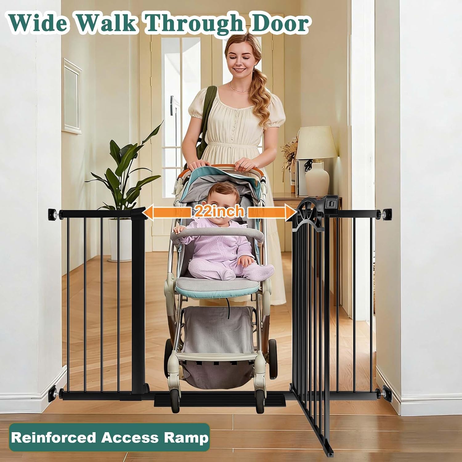 Fairy Baby 54.4'-57.0' Extra Wide Baby Gate with Door, 55 56 57 Inches Walk THR Baby Gates for Stairs Pressure Mounted no Drill, Indoor Tension Metal Child Pet Dog Safety Gate for Kids, Black
