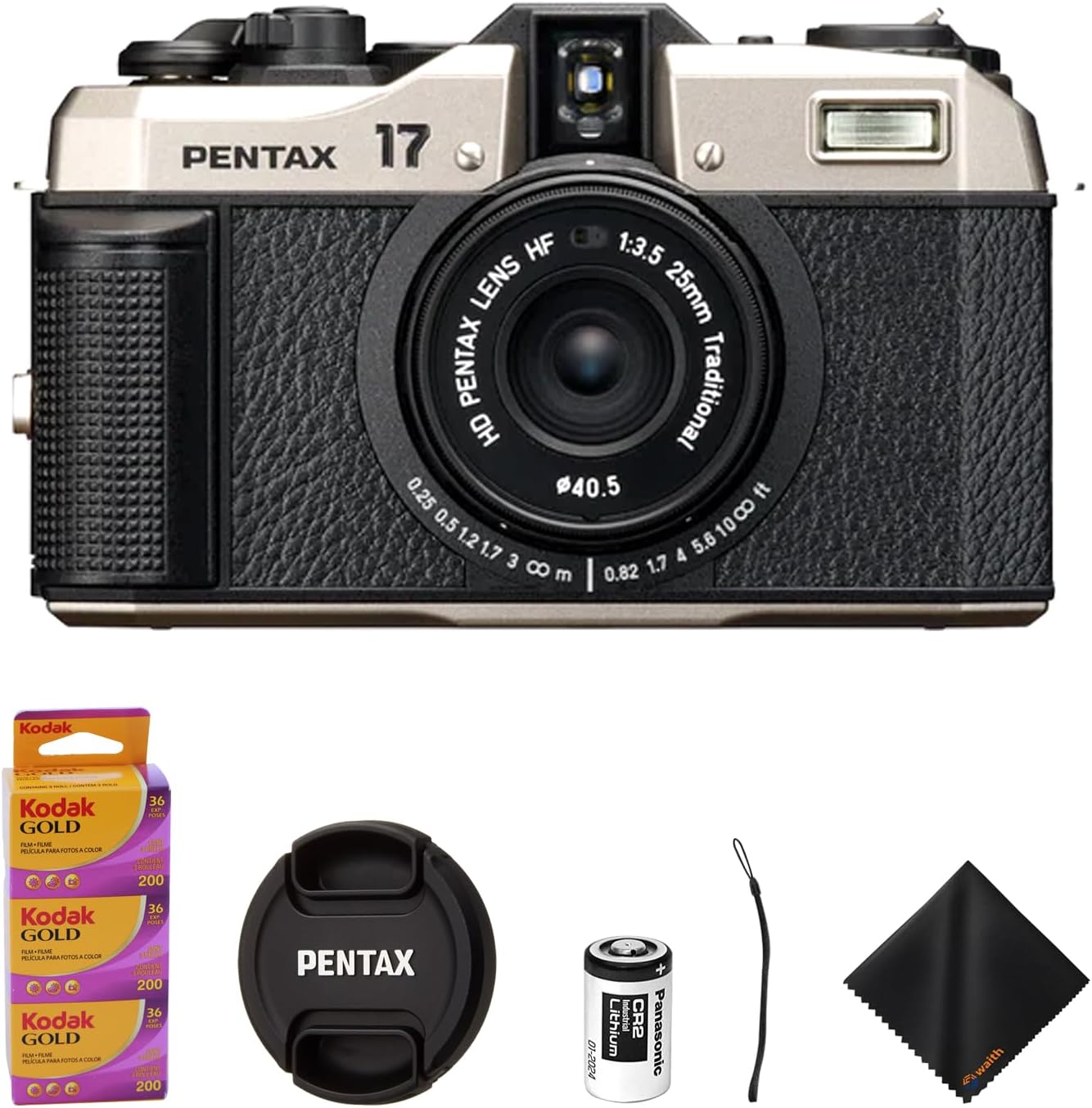 Pentax 17 Compact Film Camera with Half-Frame Format, 25mm F3.5 Lens, Manual ISO 50-3200, 6 Zone Focus, Includes Kodak Gold 200 Color Negative 35mm Roll Film (3 Pack) & Cleaning Cloth Bundle Kit