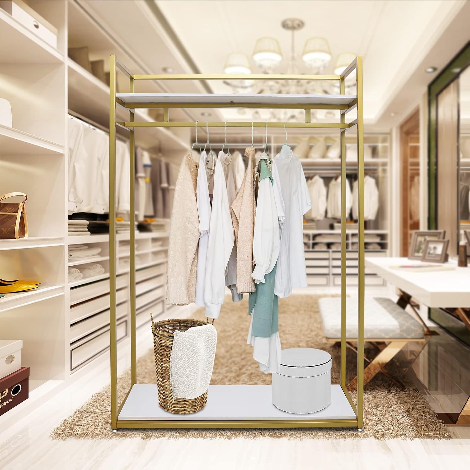 Open Garment Clothing Rack, Freestanding Standing Closet with Shelves Heavy Duty Shoes Bags Clothes Organizer Garment Rack Gold Hanging Clothing Rack for Small Spaces (47' L)