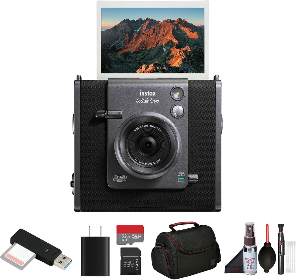FUJIFILM INSTAX Wide EVO Hybrid Instant Film Camera Bundle with Bag + 32GB Memory Card + USB Card Reader, SD/microSD + SD Adapter + Charging Adapter + Cleaning Kit