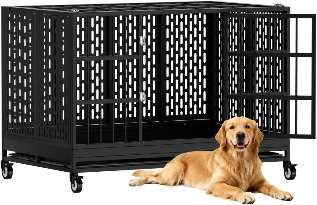 48 Inch Heavy Duty Dog Crate with Wheels,Indestructible Escape-Proof Dog Kennel with Locking Latch and Double Door,Extra Large XL XXL Crate Indoor for Large and Medium Dog with Removable Tray