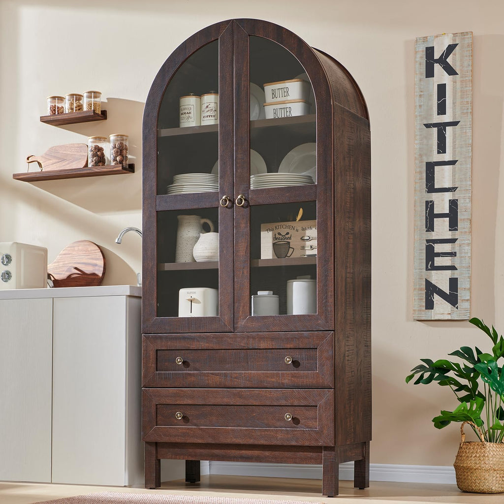 71' Tall Arched Bathroom Storage Cabinet, 4-Tier cabinet w/2 Large Drawers &Adjustable Shelves, Wooden bathroom Floor cabinets w/Glass Doors, Modern Farmhouse Versatile Cabinets for bathroom, Brown