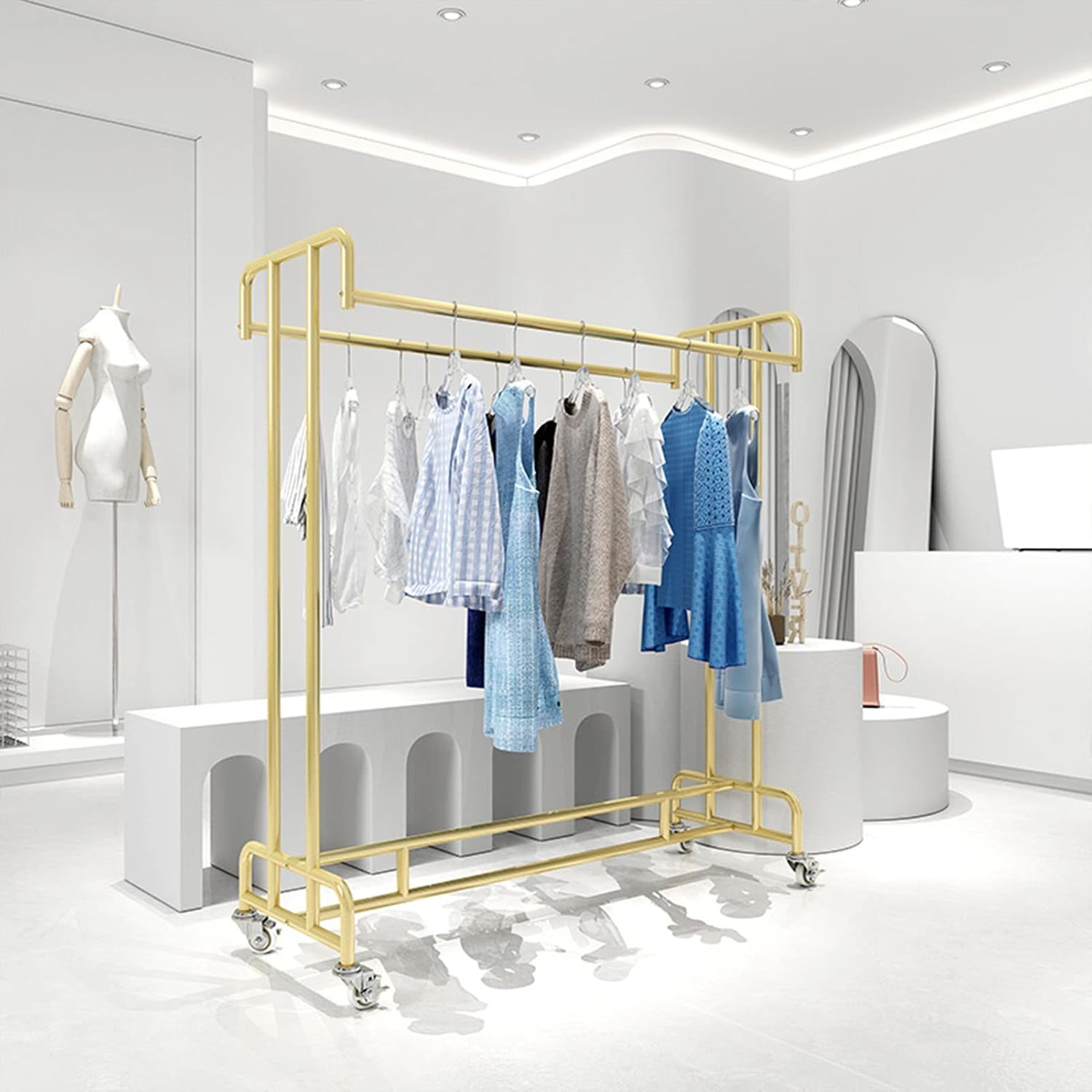 Industrial Pipe Clothing Store Heavy Duty Garment Racks with Wheel,Floor-Standing Garment Display Stand Double Rail Retail Clothing Rack,Commercial Metal Garment Rack for Hanging Clothes (Gold L100*
