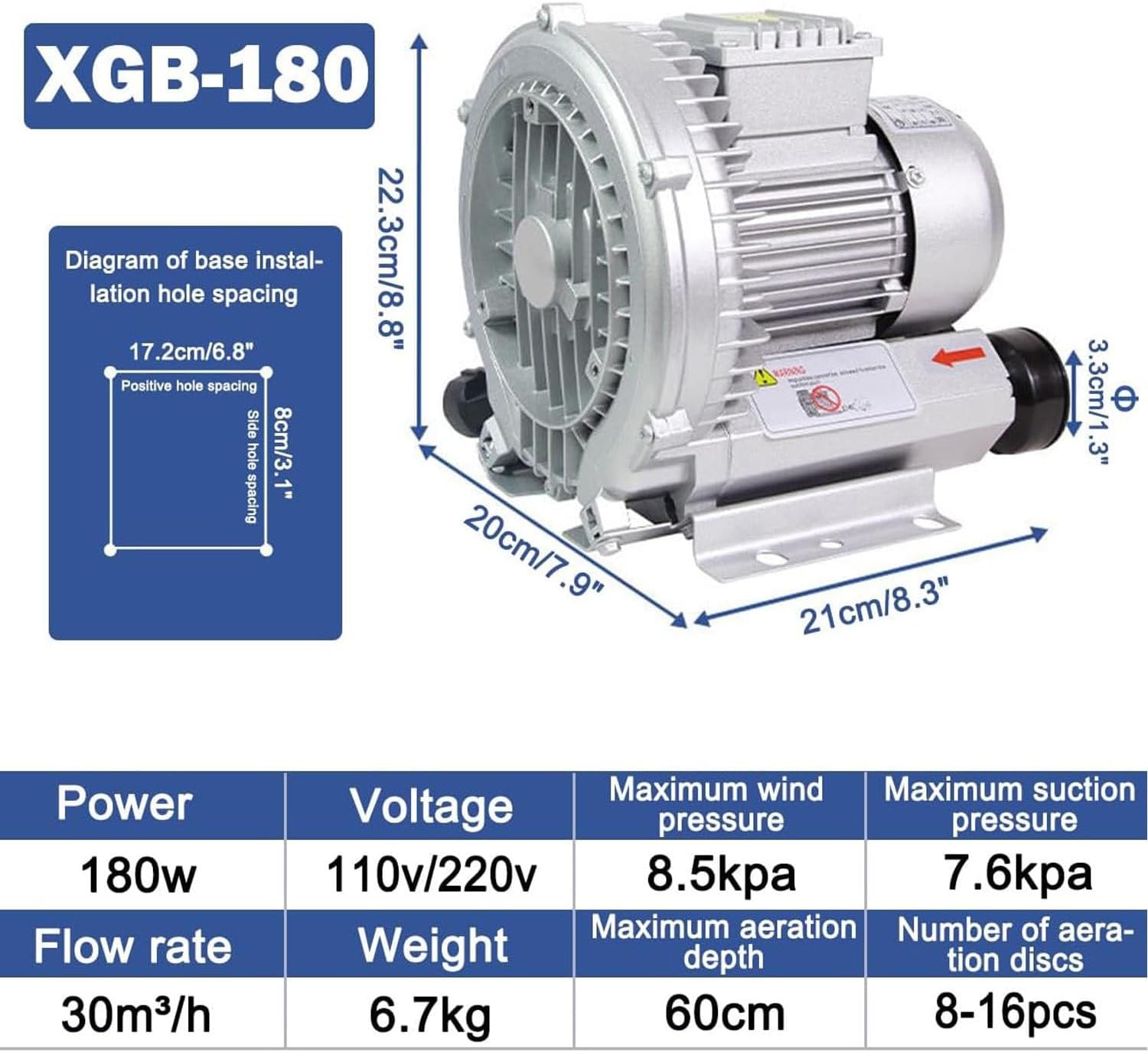 Single-phase radial fan gas ring turbine, regenerative blower, single-phase gas ring compressor, gas ring turbine side channel compressor 120W-2200W, for wastewater aeration aquarium,180W/0.24HP
