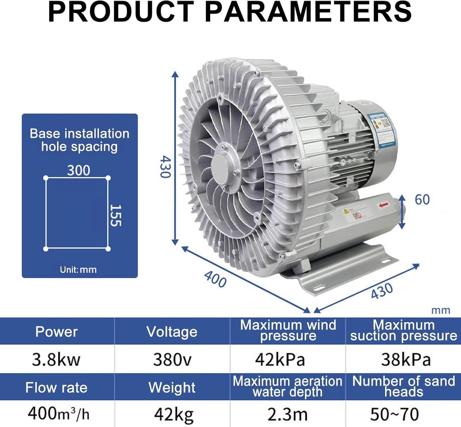 Single/Three Phase Vortex Ring Blower,120W-7500W Regenerative Blower for Aquarium Hydroponics Pond Septic Tank Aerators,Electric Air Pump,Ring Blower for Sewage Aeration(3.8KW/380V)