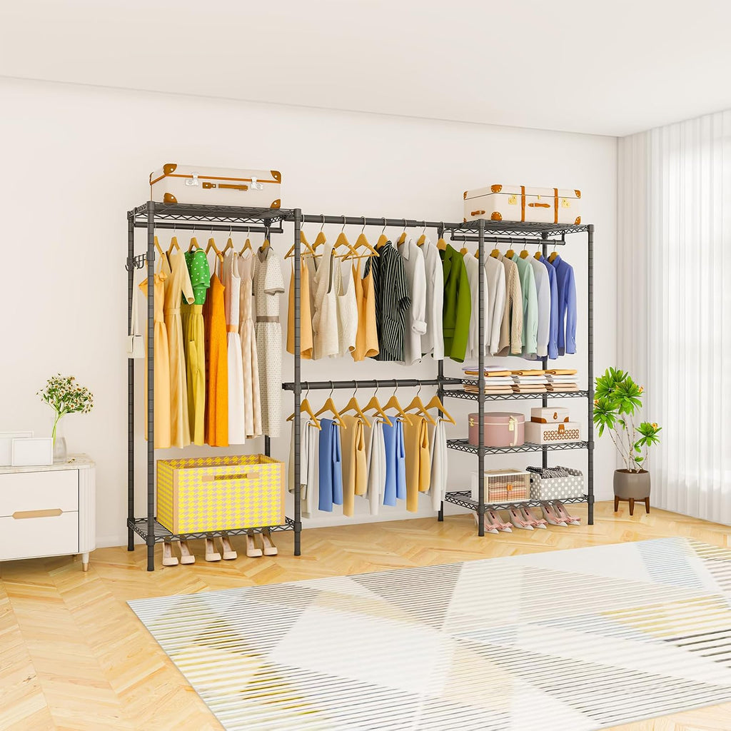 Heavy Duty Garment Rack, Portable Expandable Freestanding 4 Tiers Adjustable Wire Shelves Clothes Rack with 2 Retractable Poles, 70.9-86.6' L x 15.7' W x 76.8' H, Max Load 900LBS, Black