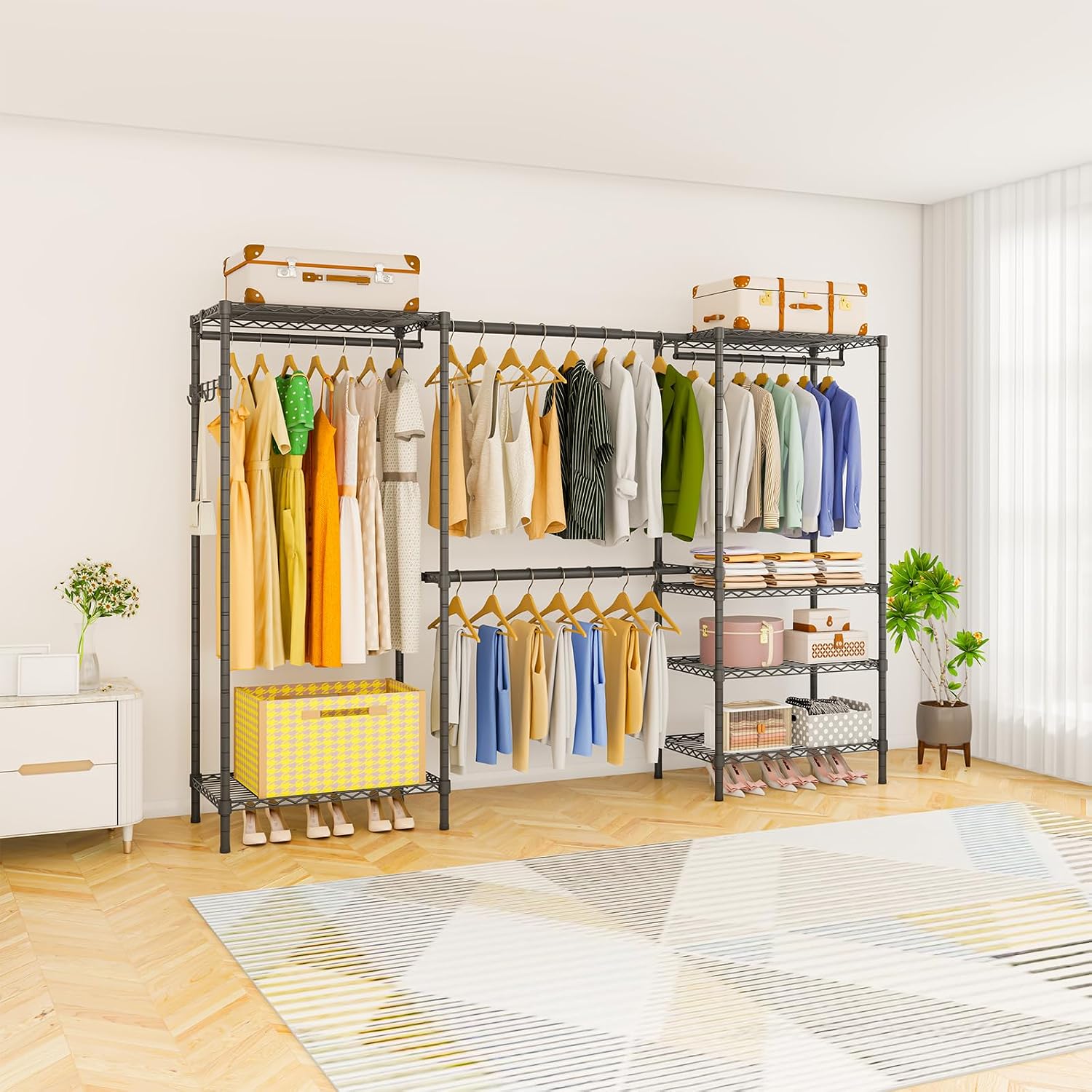 Heavy Duty Garment Rack, Portable Expandable Freestanding 4 Tiers Adjustable Wire Shelves Clothes Rack with 2 Retractable Poles, 70.9-86.6' L x 15.7' W x 76.8' H, Max Load 900LBS, Black