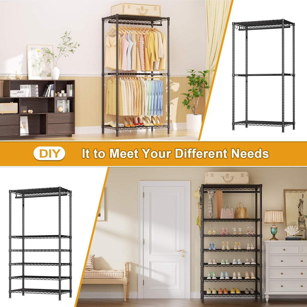 Ulif E13 Pro Heavy Duty Clothes Rack（With 4 Hanger Rods & 8 Shelves） Freestanding Clothing Racks for Hanging Clothes，Adjustable Closet，Metal Garment Rack 75' W x16 D x77 H，Max Load 1000LBS，Black