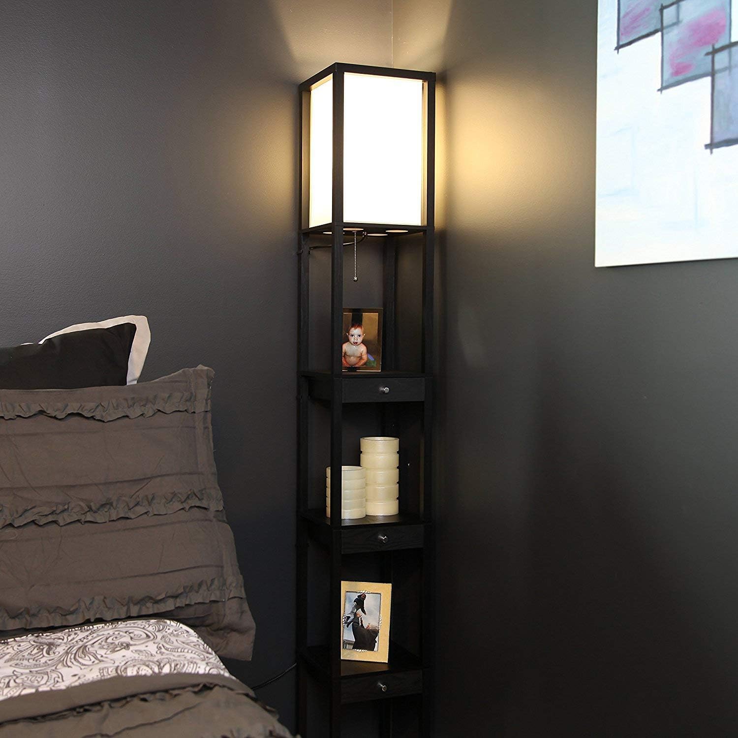 Brightech Maxwell Floor & Table Lamp Set of 2 - Modern Floor Lamp With Drawers And Nightstand Lamp with USB Port - Perfect for Bedrooms & Living Rooms, LED Bulb, Wood Frame, Soft Ambient Light - Black