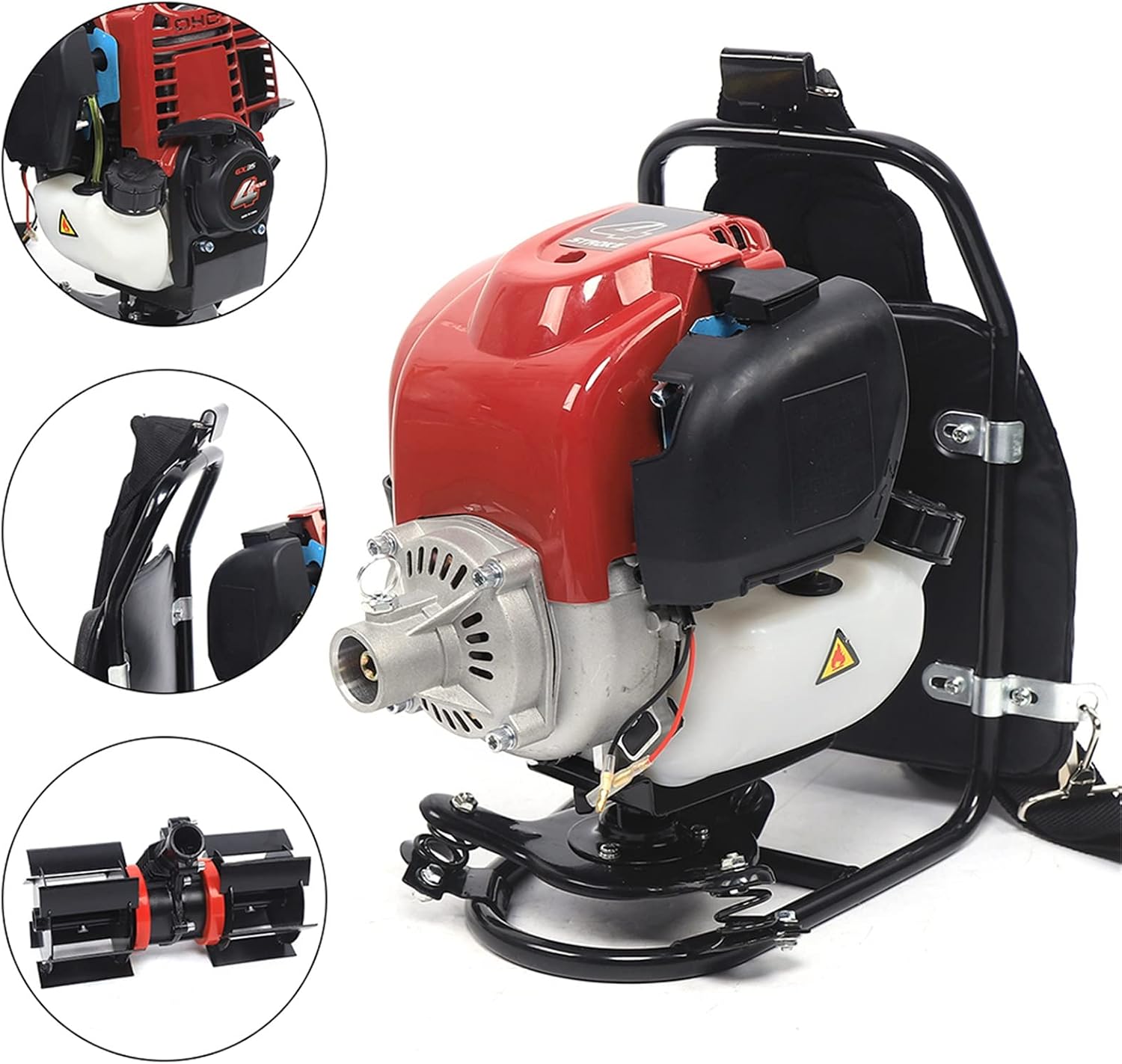 Backpack Cultivator Tiller, 35.4CC 4 Stroke 4500-8500RPM Gas Powered Backpack Brush Cutter, Single Cylinder Grass Trimmer Lawn Mower with Backrest & Anti-Tangle Hoe Wheel for Garden Lawn Farmland