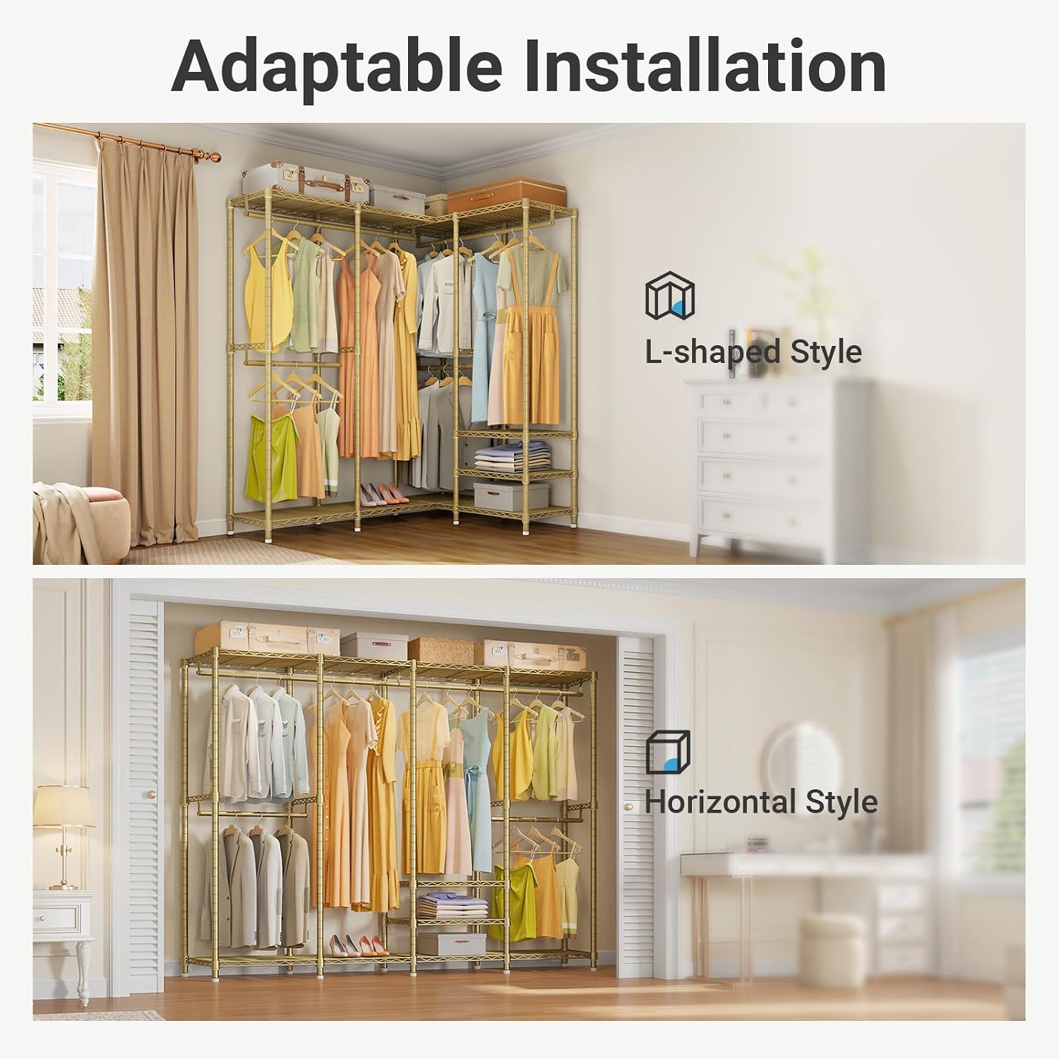 VIPEK V40 Heavy Duty Clothes Rack, 1110lb Capacity Sturdy Metal Garment Rack, Clothing Rack with 6 Shelves & 4 Hang Rods, Adjustable Open Wardrobe Closet Organizer for Bedroom/Apartment/Retail, Gold