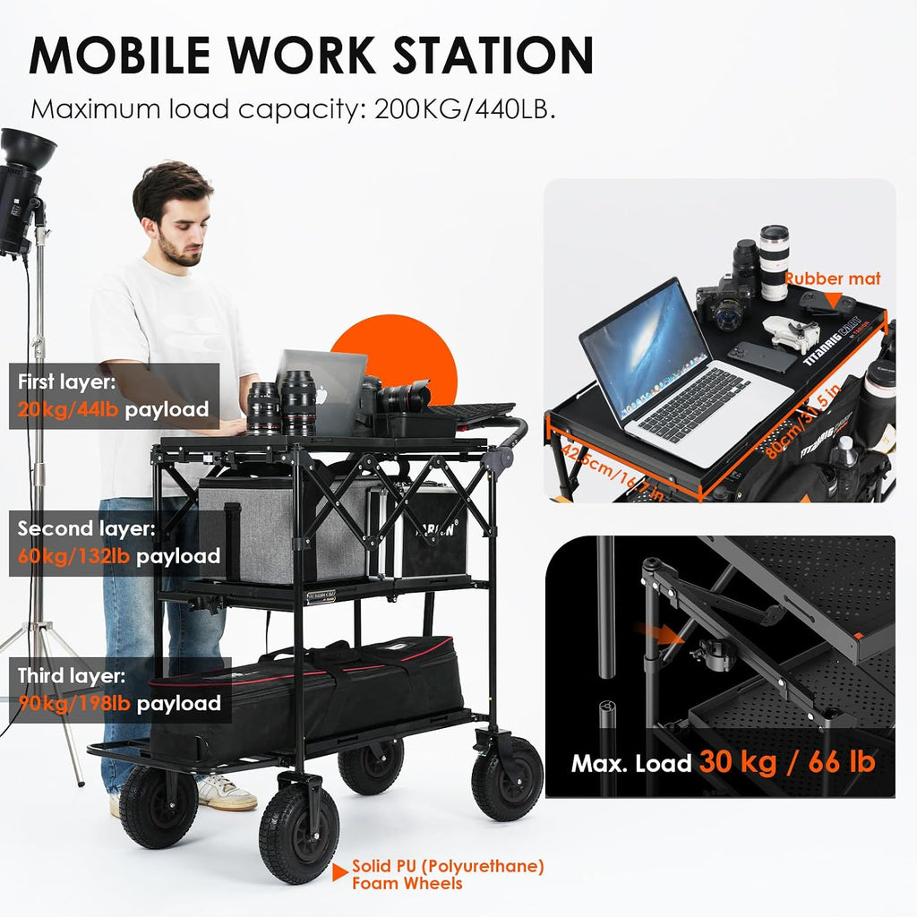 TARION Video Production Camera Cart - Heavy Duty 440lb Load Capacity Cine Dolly - Foldable 3 Tray Mobile Workstation - 9 Inch Swivel Wheels - Titanrig Cart