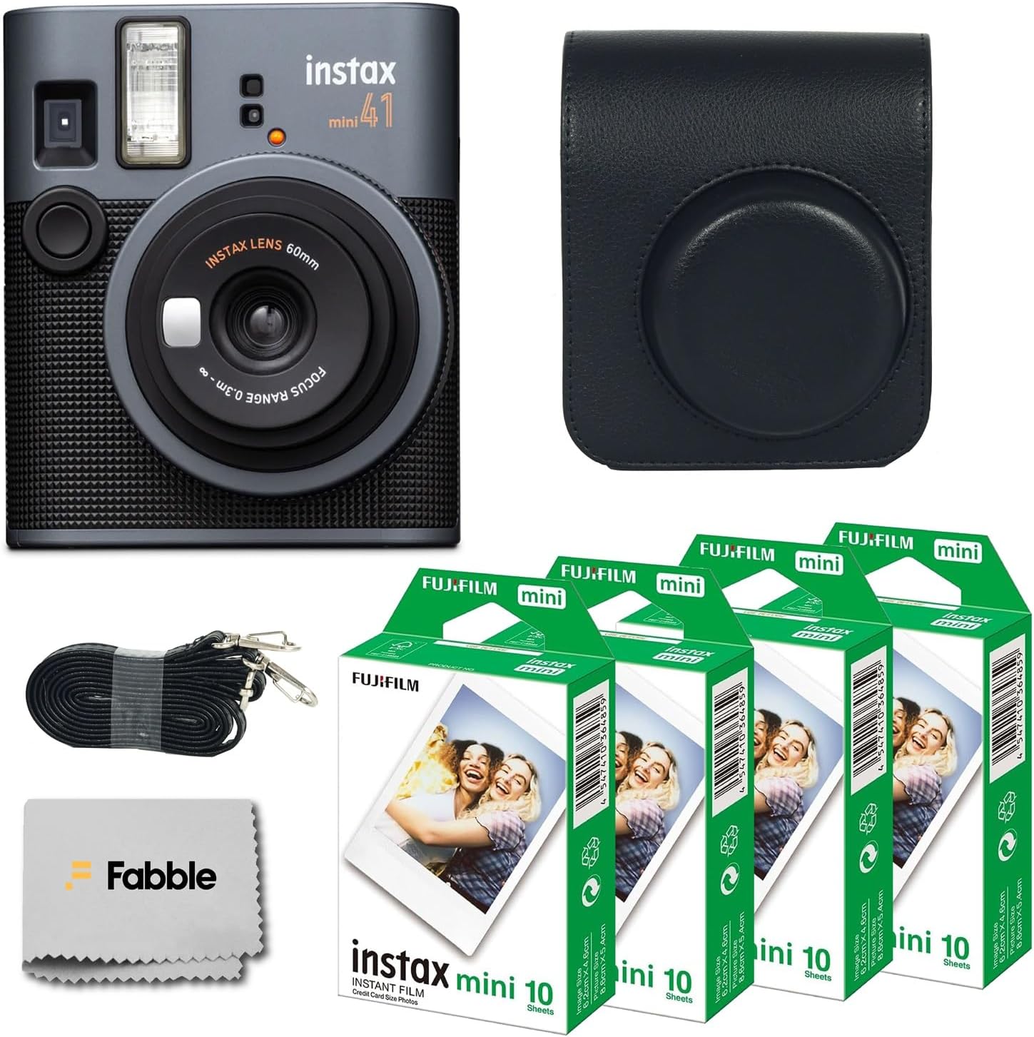 Fujifilm Instax Mini 41 Instant Film Camera Bundle with Groovy Case for Fuji Instax Mini 41, Twin Pack Film (40 Sheets) and Cleaning Cloth – Black (5 Items)