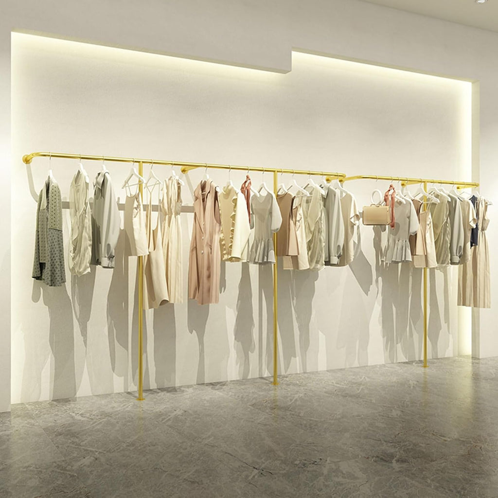 Wall-Mounted Garment Rack Hanging Gold Clothes Rack, Clothing Store Large-Capacity Metal Display Stand,Heavy Duty Garment Shelves Closet Rods, Home Retail,Height 170cm-Length 150cm