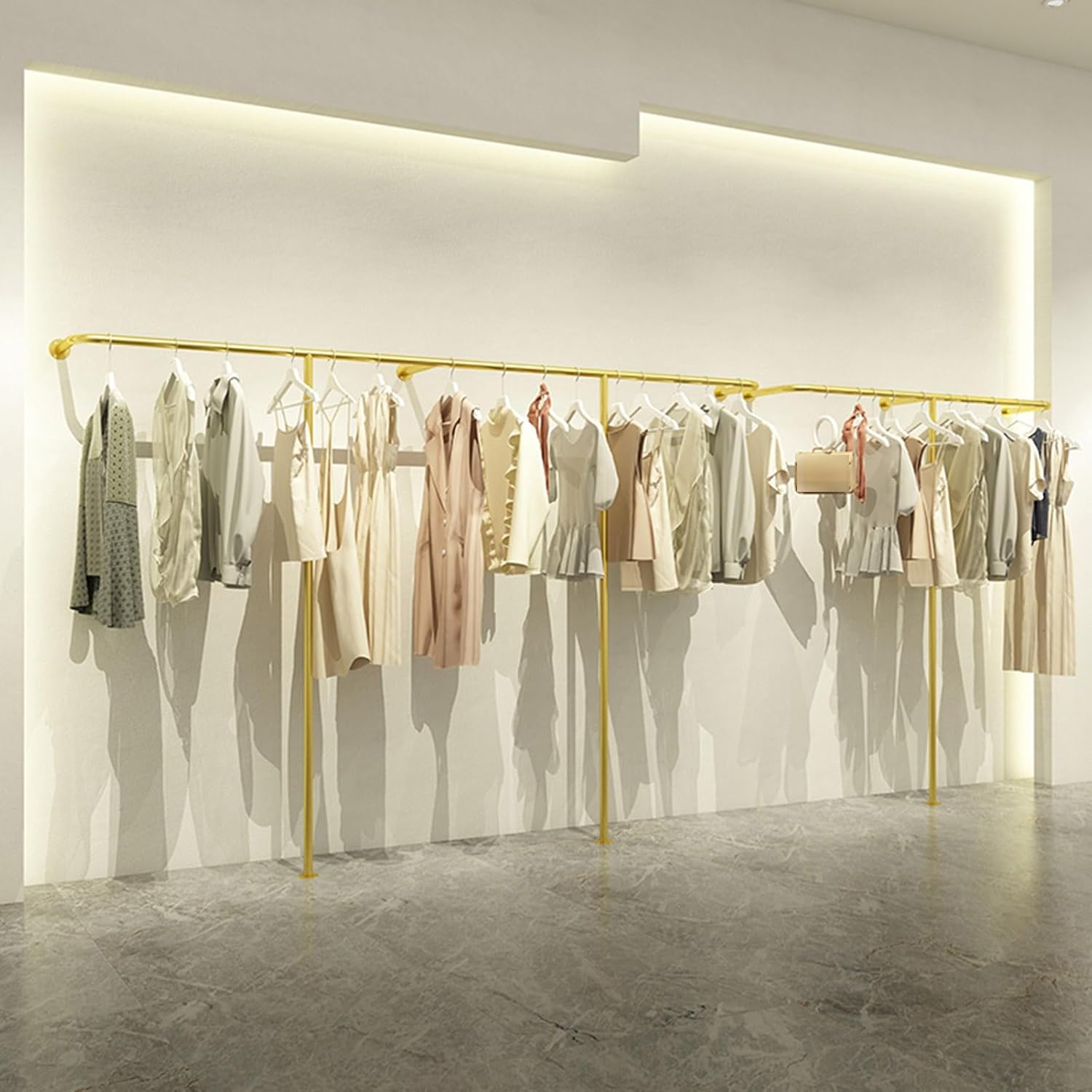 Wall-Mounted Garment Rack Hanging Gold Clothes Rack, Clothing Store Large-Capacity Metal Display Stand,Heavy Duty Garment Shelves Closet Rods, Home Retail,Height 170cm-Length 120cm
