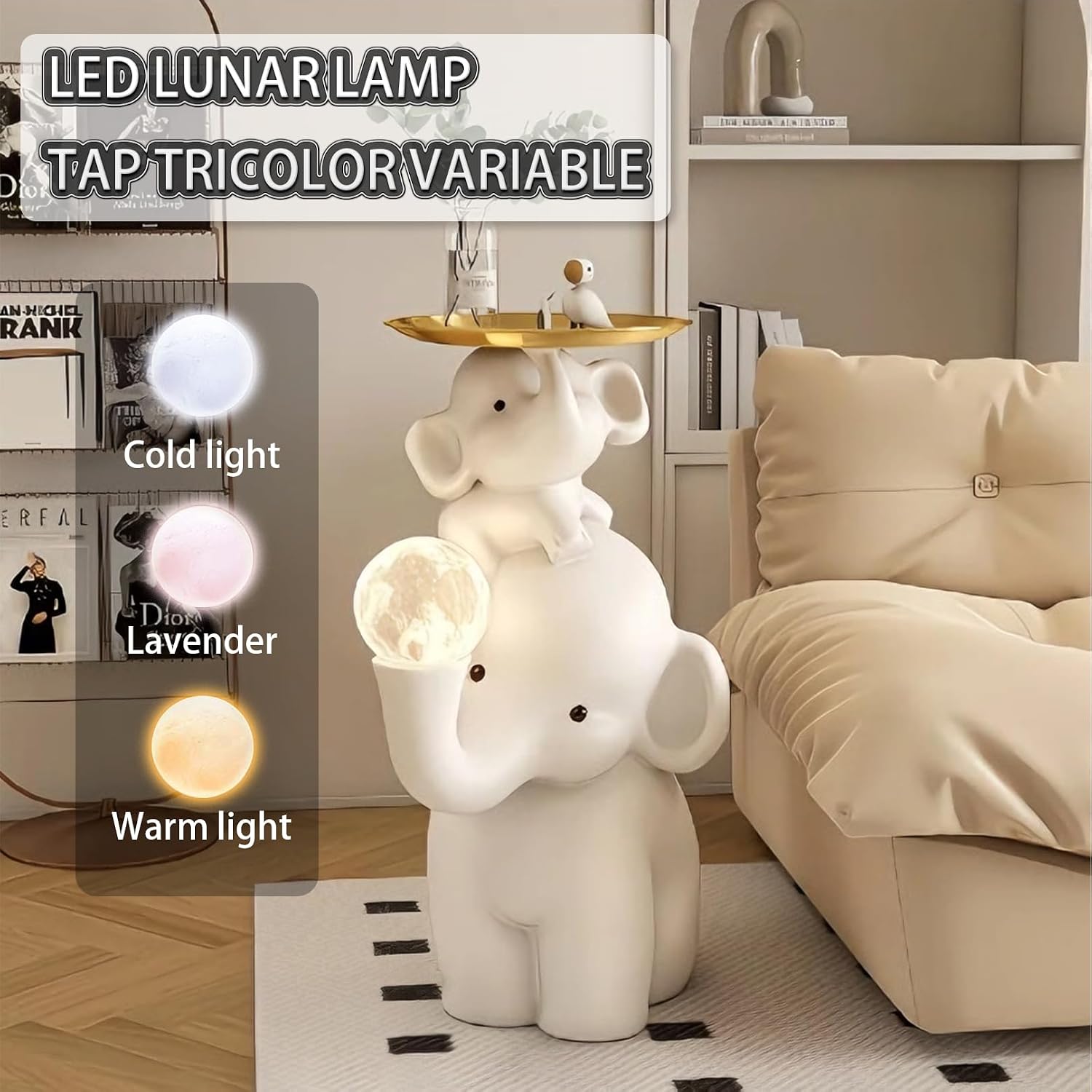 Elephant Side Table, Large Living Room Sculpture, Perfect as Sofa Side Table, Bedroom Nightstand, Coffee Table, Living Room Decor with Two Storage Trays (Lamp with a Tray Elephant)