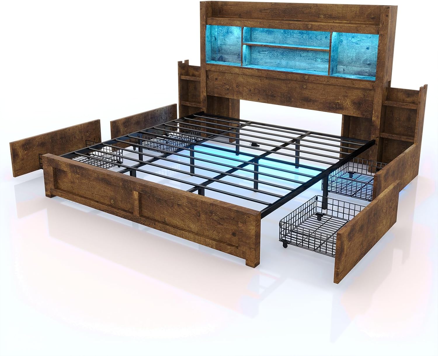 LUXOAK King Bed Frame with 49.6' Bookcase Headboard & 2 Bedside Stoage Racks & 4 Drawers, Farmhouse Wood Bed Frame with RGB LED & Charging Station, No Box Spring Needed, Rustic Brown