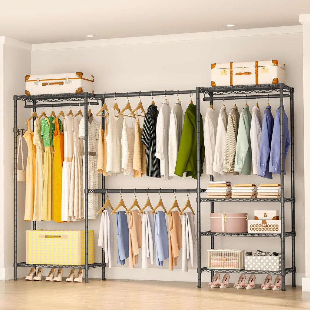 Heavy Duty Garment Rack, Portable Expandable Freestanding 4 Tiers Adjustable Wire Shelves Clothes Rack with 2 Retractable Poles, 70.9-86.6' L x 15.7' W x 76.8' H, Max Load 900LBS, Black