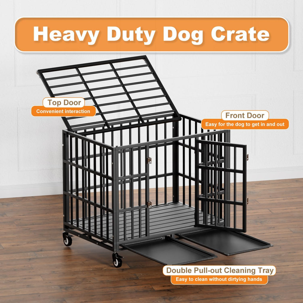 37 Inch Heavy Duty Dog Crate with Wheels,Indestructible Escape-Proof Dog Kennel with Locking Latch and Double Door,Extra Large XL XXL Crate Indoor for Large and Medium Dog with Removable Tray