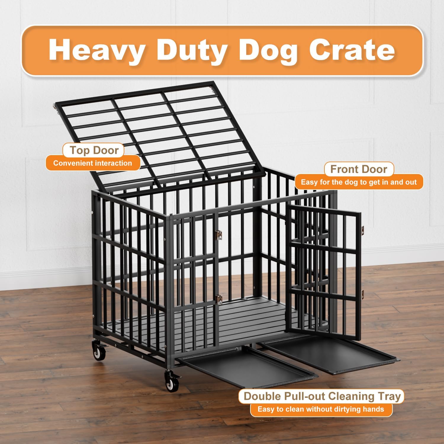 37 Inch Heavy Duty Dog Crate with Wheels,Indestructible Escape-Proof Dog Kennel with Locking Latch and Double Door,Extra Large XL XXL Crate Indoor for Large and Medium Dog with Removable Tray