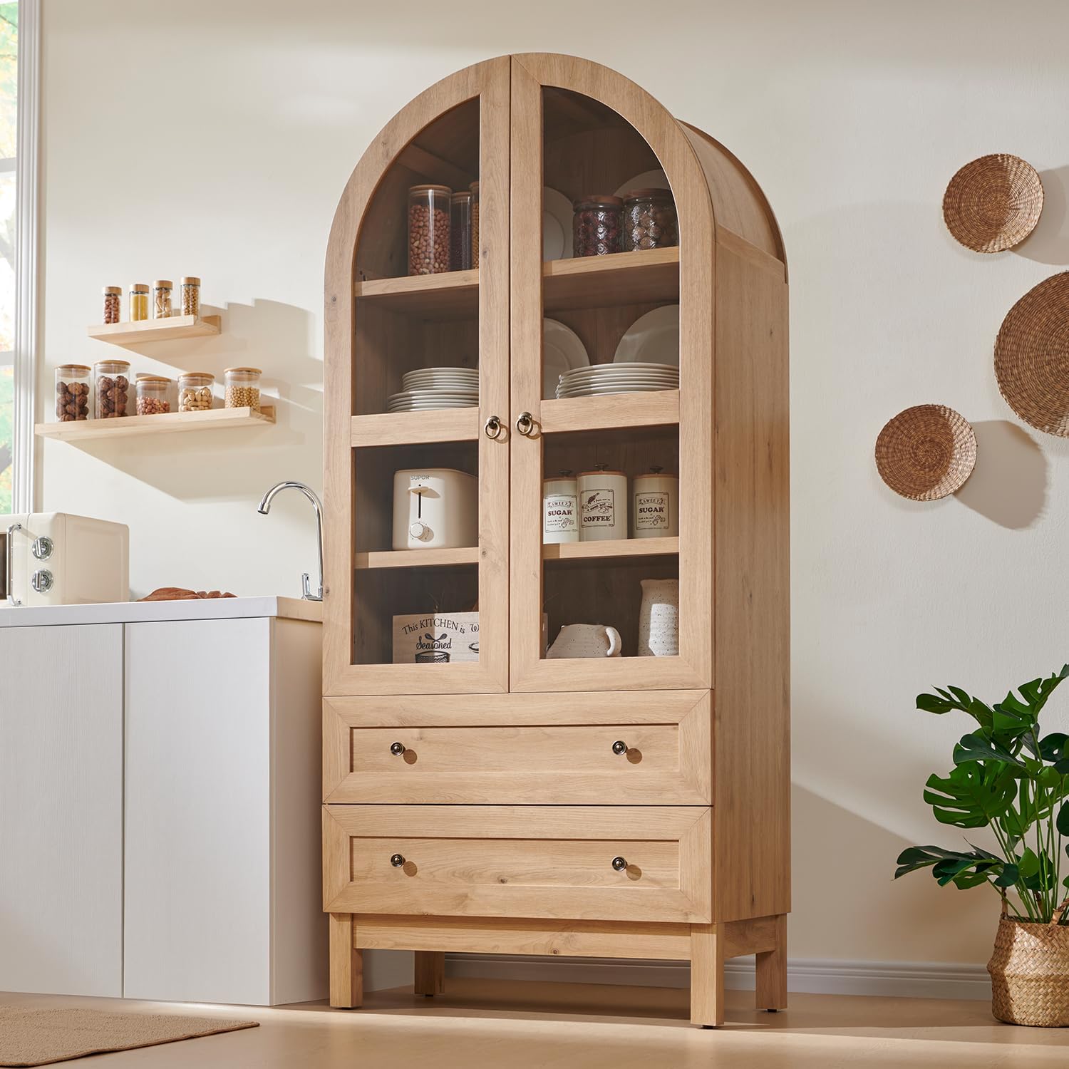 71' Tall Arched Bathroom Storage Cabinet, 4-Tier cabinet w/2 Large Drawers &Adjustable Shelves, Wooden Bathroom Floor cabinets w/Glass Doors, Modern Farmhouse Versatile Cabinets for bathroom, Natrual