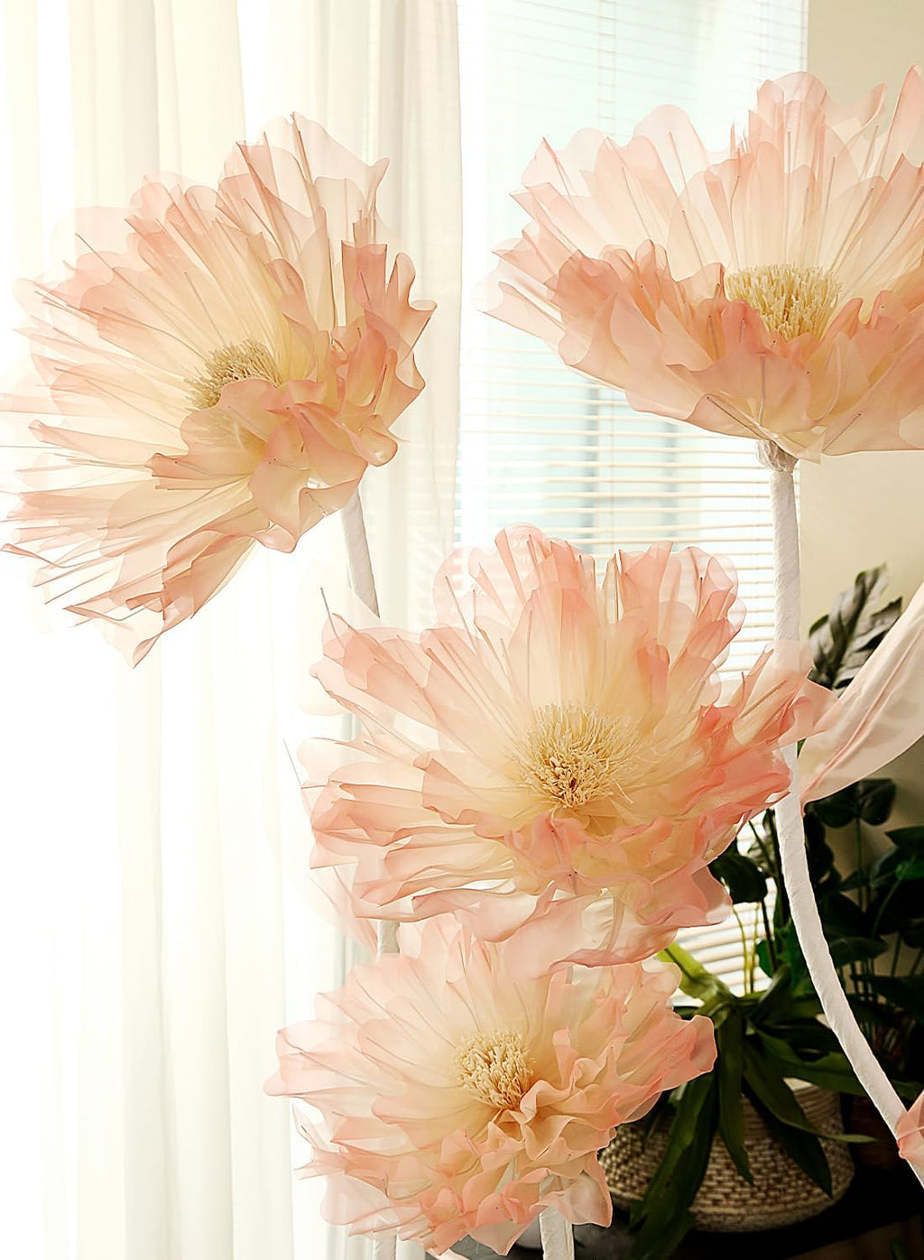 Giant Artificial Organza Flower On Base – Large Pink Faux Flower with Standing Stems and Base for Wedding, Valentine's Day, Party, Shop Window Display, Outdoor Yard Event Backdrop Decor