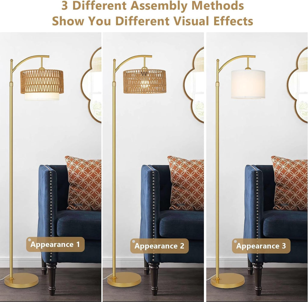 Gold Floor Lamps for Living Room with Remote Dimmable LED Bulb, Arc Floor Lamp with 3 Color Temperatures, Boho Standing Lamp with Rattan Fabric Shades, Adjustable Tall Lamp for Bedroom