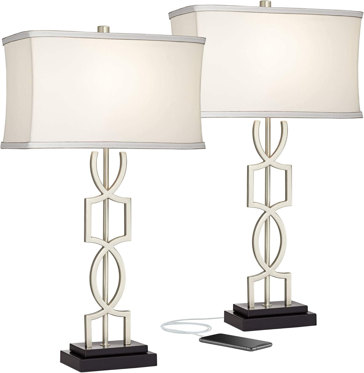 360 Lighting Evan Modern Table Lamps 28 1/2' Tall Set of 2 with USB Charging Port Brushed Nickel Silver White Rectangular Shade for Bedroom Living Room House Bedside Nightstand Office Family