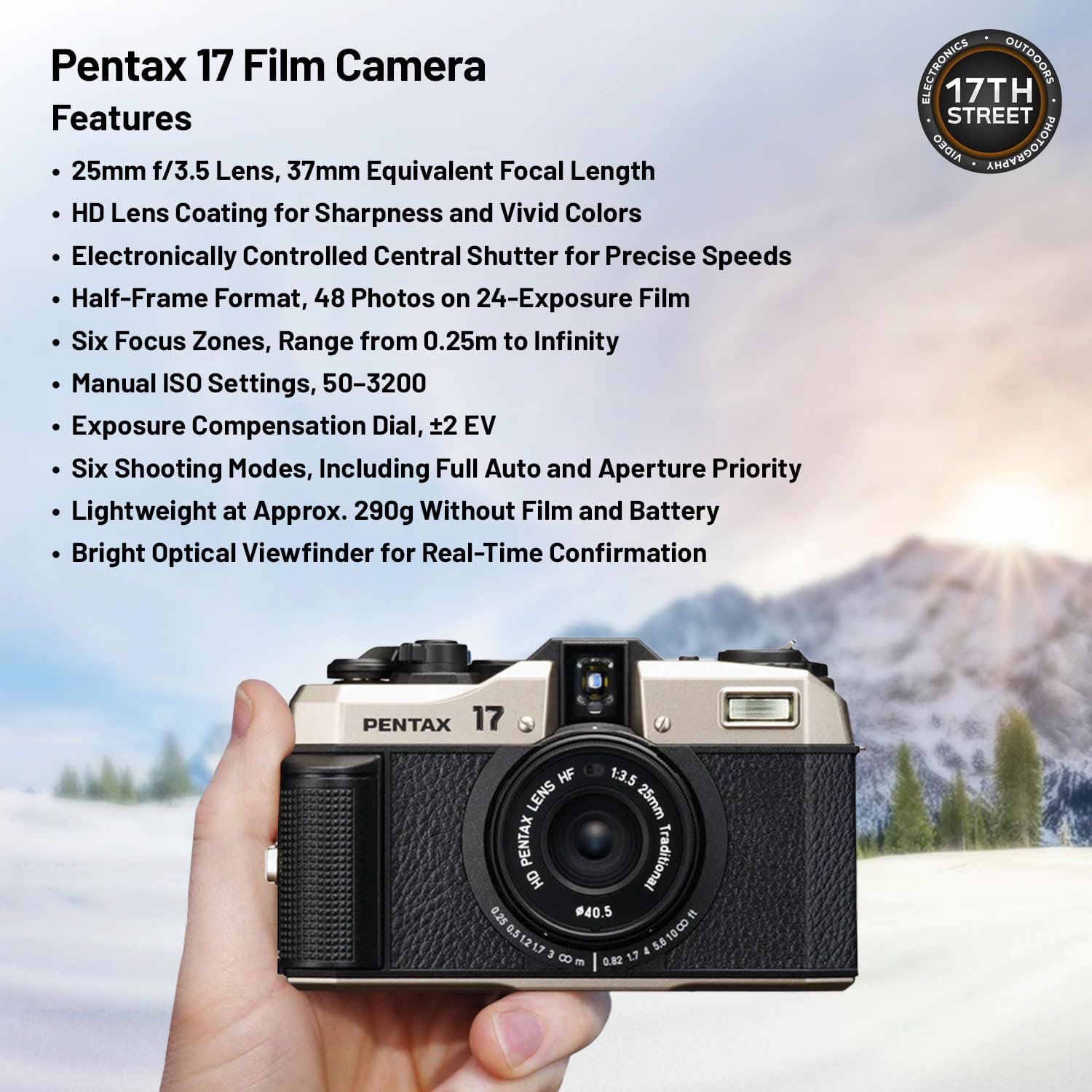 Pentax 17 Compact Film Camera with Half-Frame Format, 25mm F3.5 Lens, Manual ISO 50-3200, 6 Zone Focus, Includes Kodak Gold 200 Color Negative 35mm Roll Film (3 Pack) & Cleaning Cloth Bundle Kit