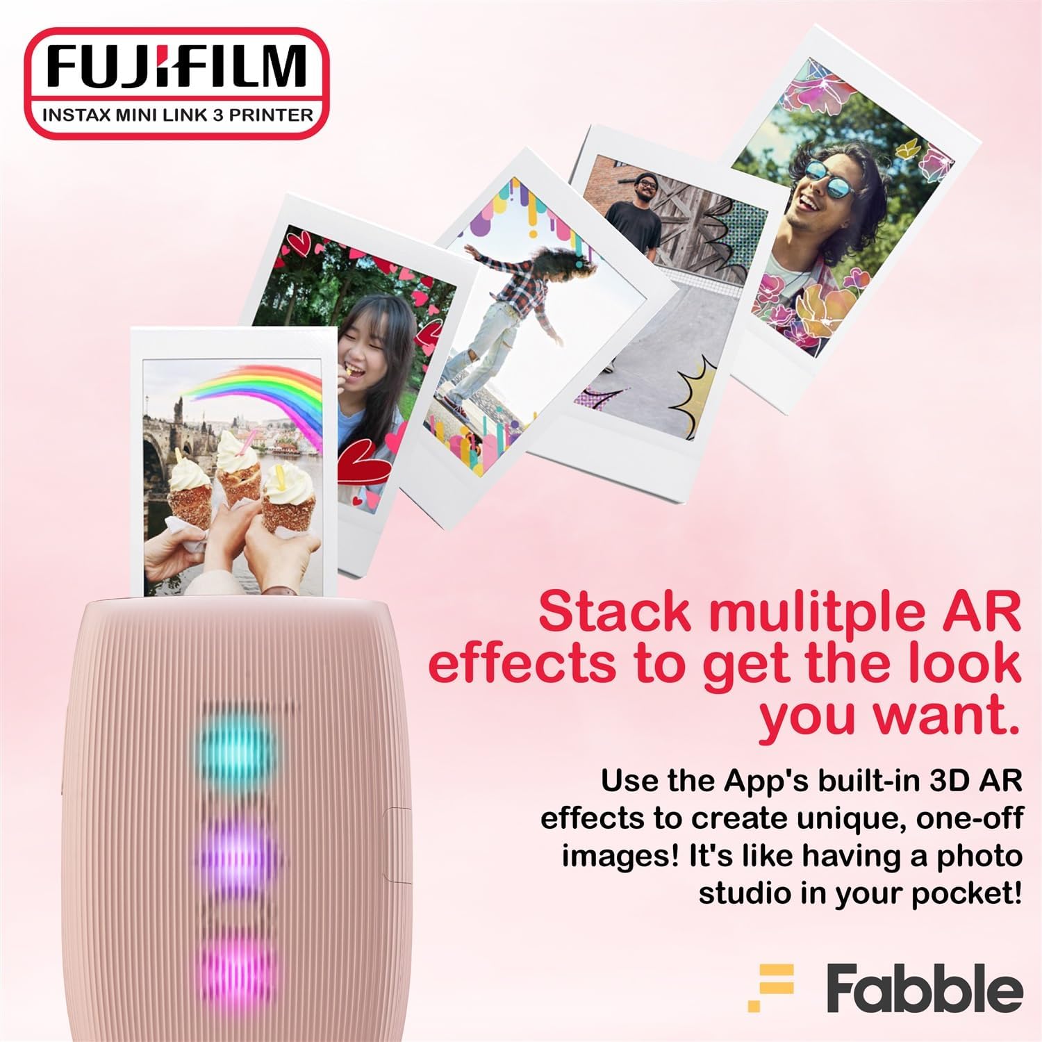 Fujifilm Instax Mini Link 3 Smartphone Printer – Rose Pink Bundle with a Protective Case, Twin Pack Instant Film (20 Sheets), Hanging Photo Frames, and Premium Microfiber Cleaning Cloth