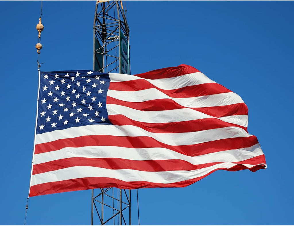 SYII American Flag 10x15 Ft Outdoor, Luxury Embroidered Stars and Double Stitched Sewn Stripes, Heavy Duty Polyester US Flags with Canvas Header and 5 Brass Grommets