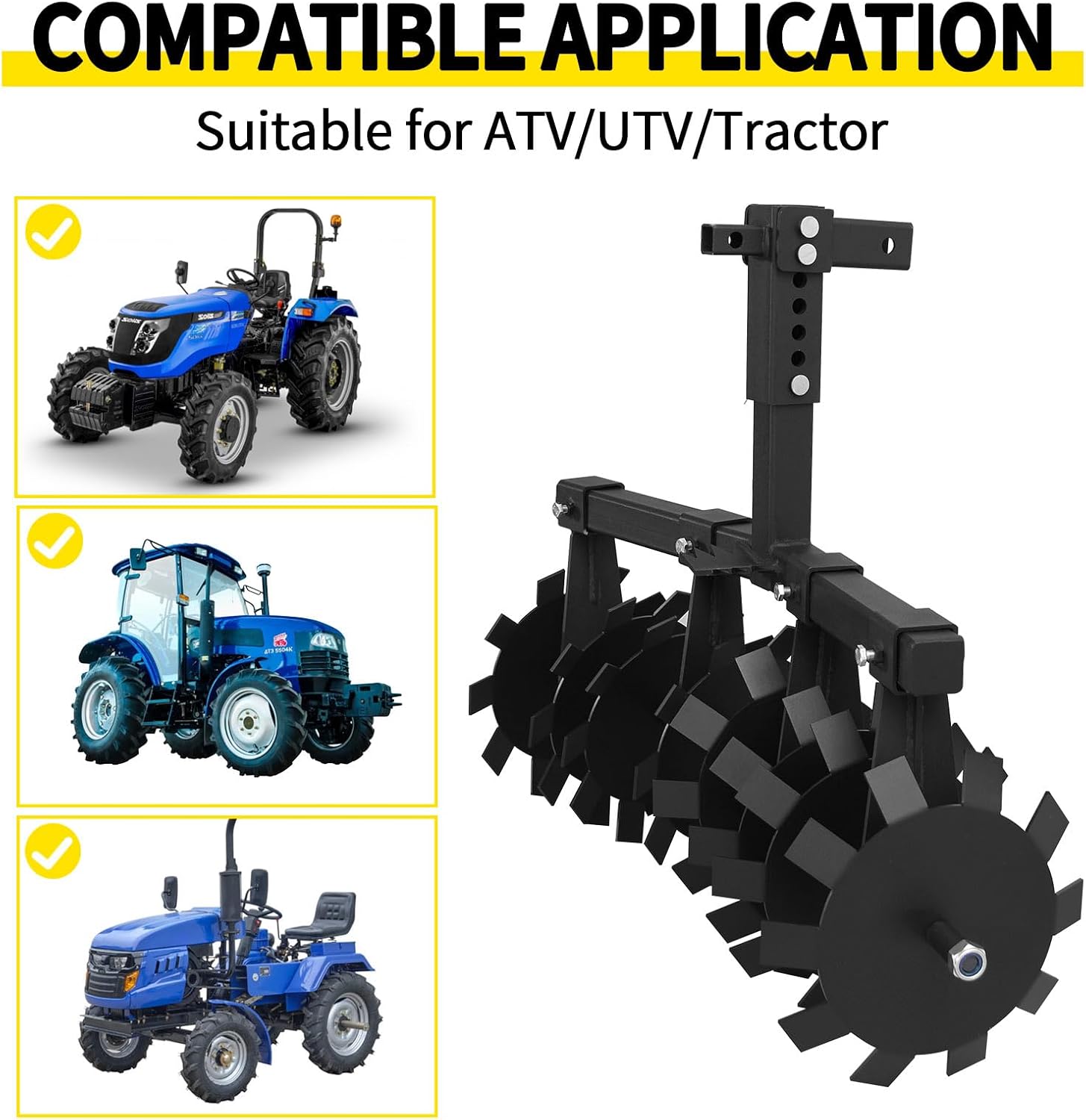 32' Disc Plow Harrow with 2' Receiver Mount for ATV/UTV, Heavy Duty Adjust Height Pull Behind Tiller, Black