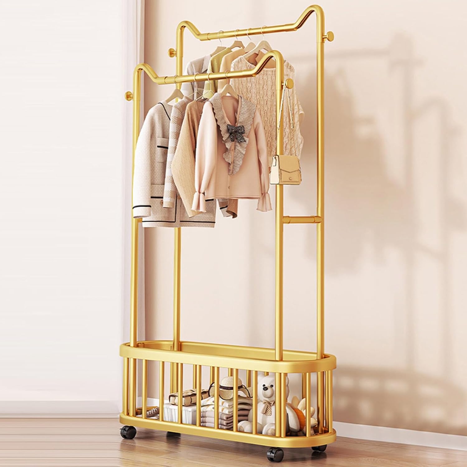 Gold clothes rack with Storage Shelf & Wheels – Double Rod Freestanding Garment Rack with Hooks，Portable Coat storage rack for Bedroom, Living Room(100cm/39.4in)