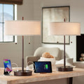 360 Lighting Nikola Modern Accent Table Lamps 23.5' High Set of 2 with Hotel Style USB and AC Power Outlet in Base Bronze Slim Fabric Drum Shade for Living Room Desk Bedroom House Bedside
