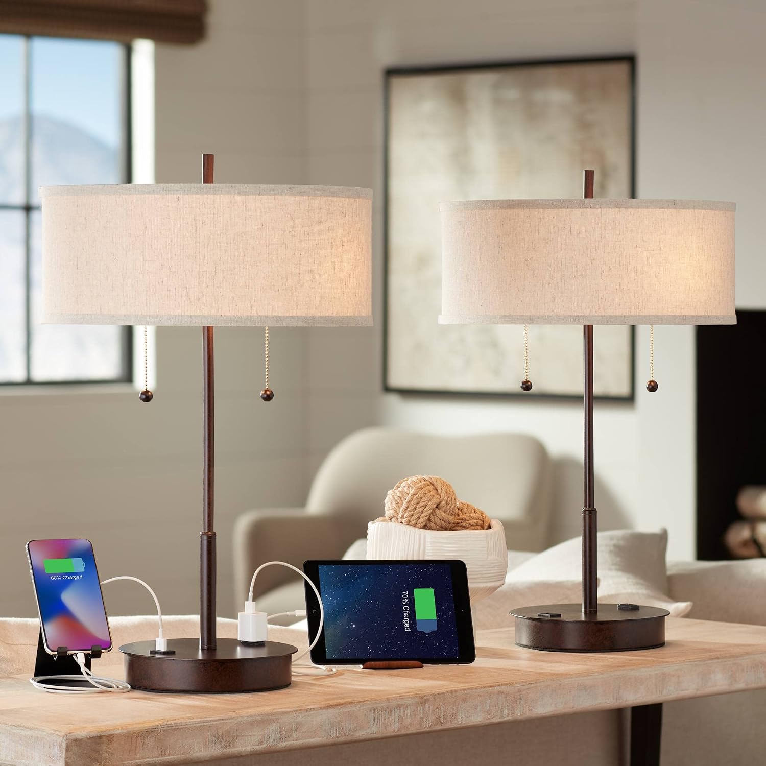 360 Lighting Nikola Modern Accent Table Lamps 23.5' High Set of 2 with Hotel Style USB and AC Power Outlet in Base Bronze Slim Fabric Drum Shade for Living Room Desk Bedroom House Bedside