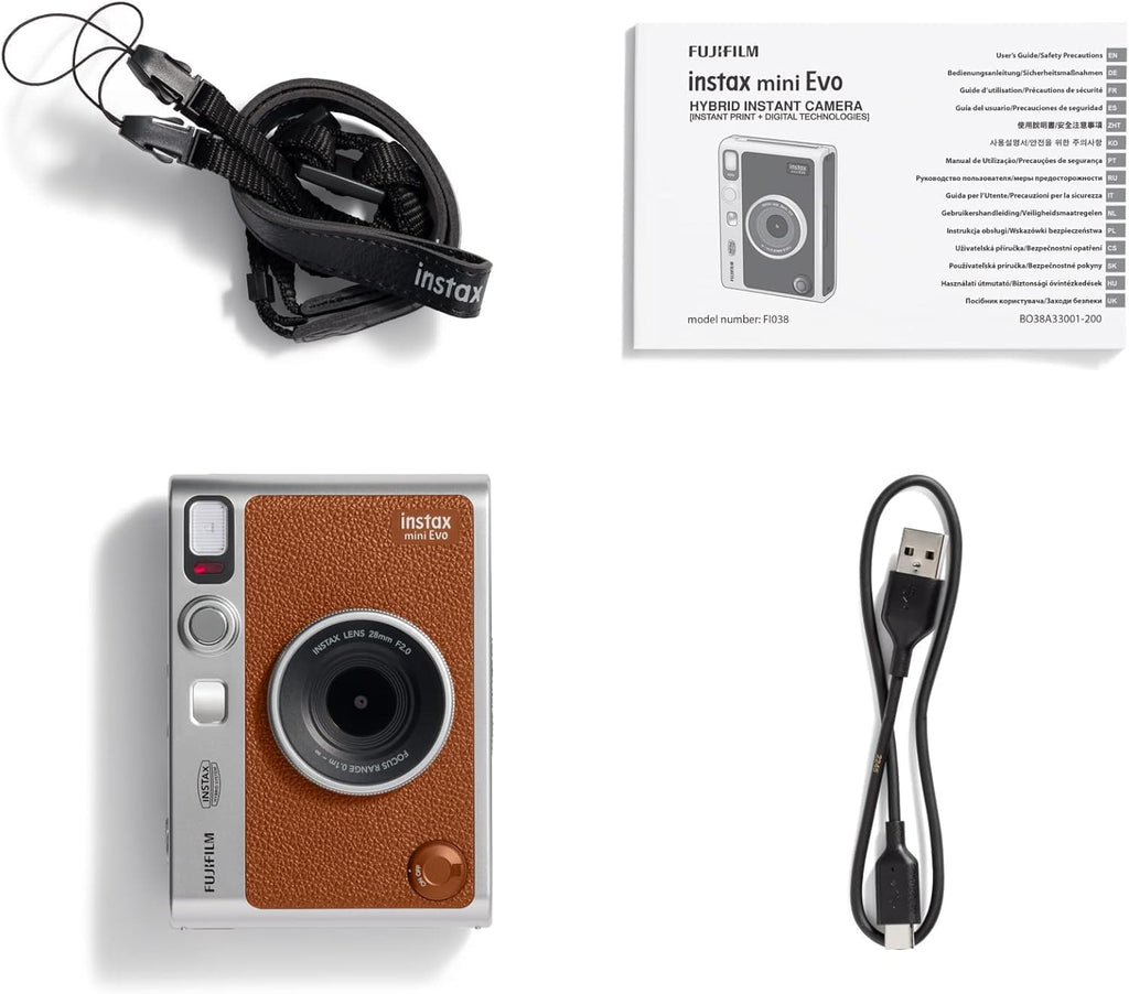 Fujifilm Instax Mini EVO Instant Camera with Sunshine Photo Microfiber Cleaning Cloth (Camera + 2 Twin Packs, Brown)