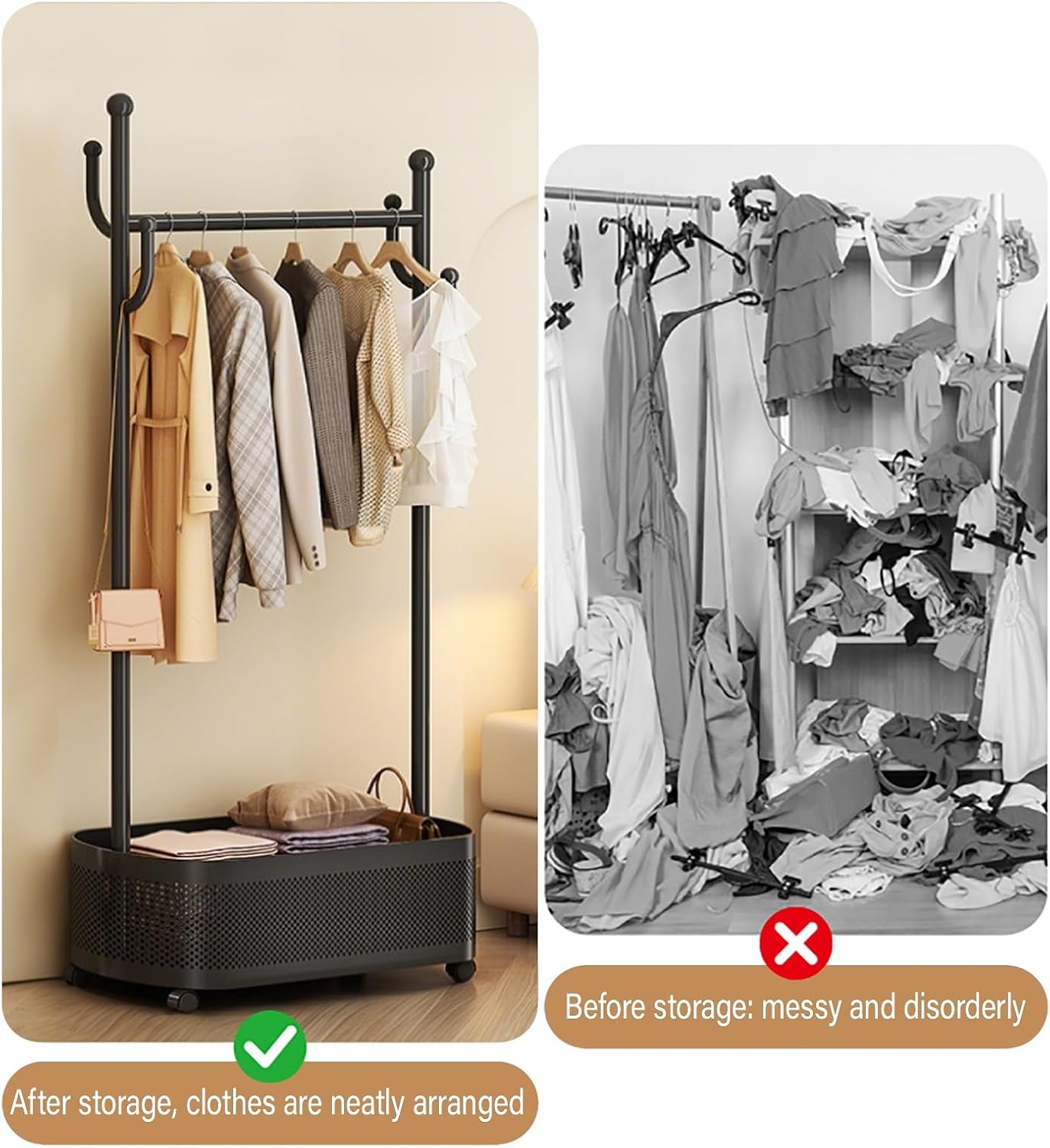 Clothes Rack with Storage Shelves and Coat/Hat Hooks,Heavy-Duty Metal Garment Rack,Hanging Clothes,Freestanding Clothing Racks(Gold,80cm/31.5in)