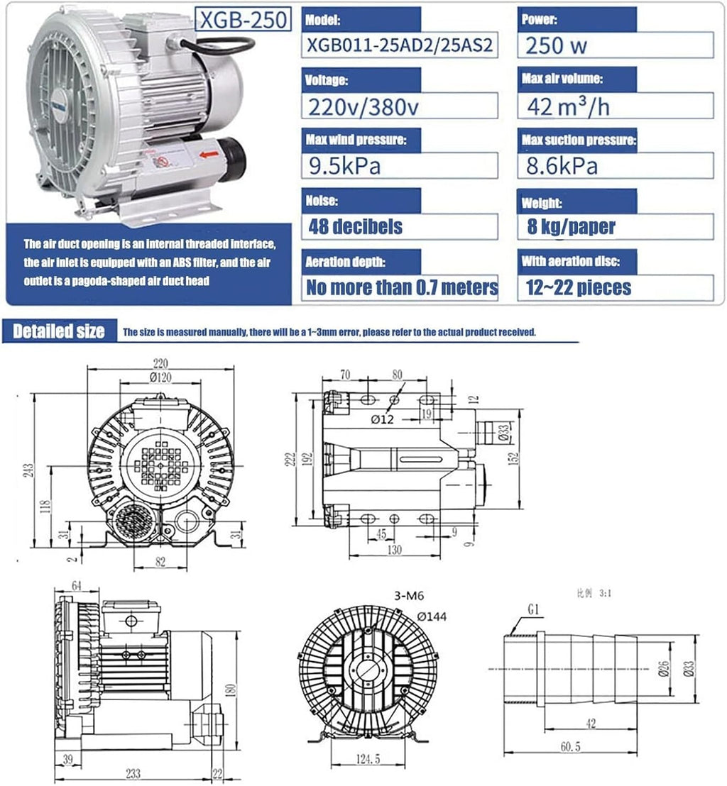 High-Pressure Vortex Ring Blower 480V Three-Phase Regenerative Blower for Industrial Textile Applications & Fish Pond Aeration (250W/380V) - Efficient & Durable