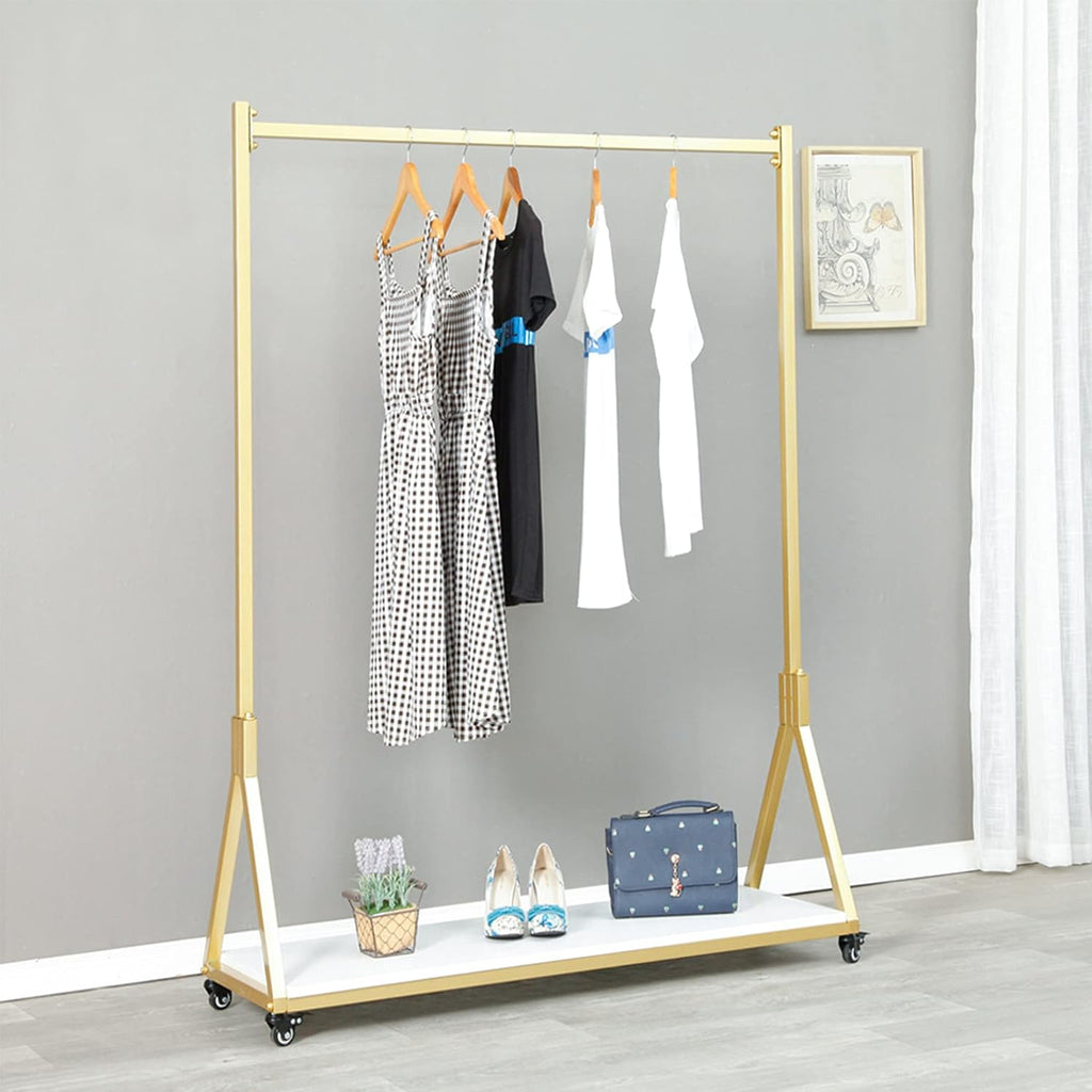 Modern Simple Heavy Duty Metal and Wood Rolling Clothing Garment Rack with Wheel,Creative Commercial Wedding Dress Display Shelf,Floor-Standing Clothes Hangers (Gold with Wood, 47.2' L)