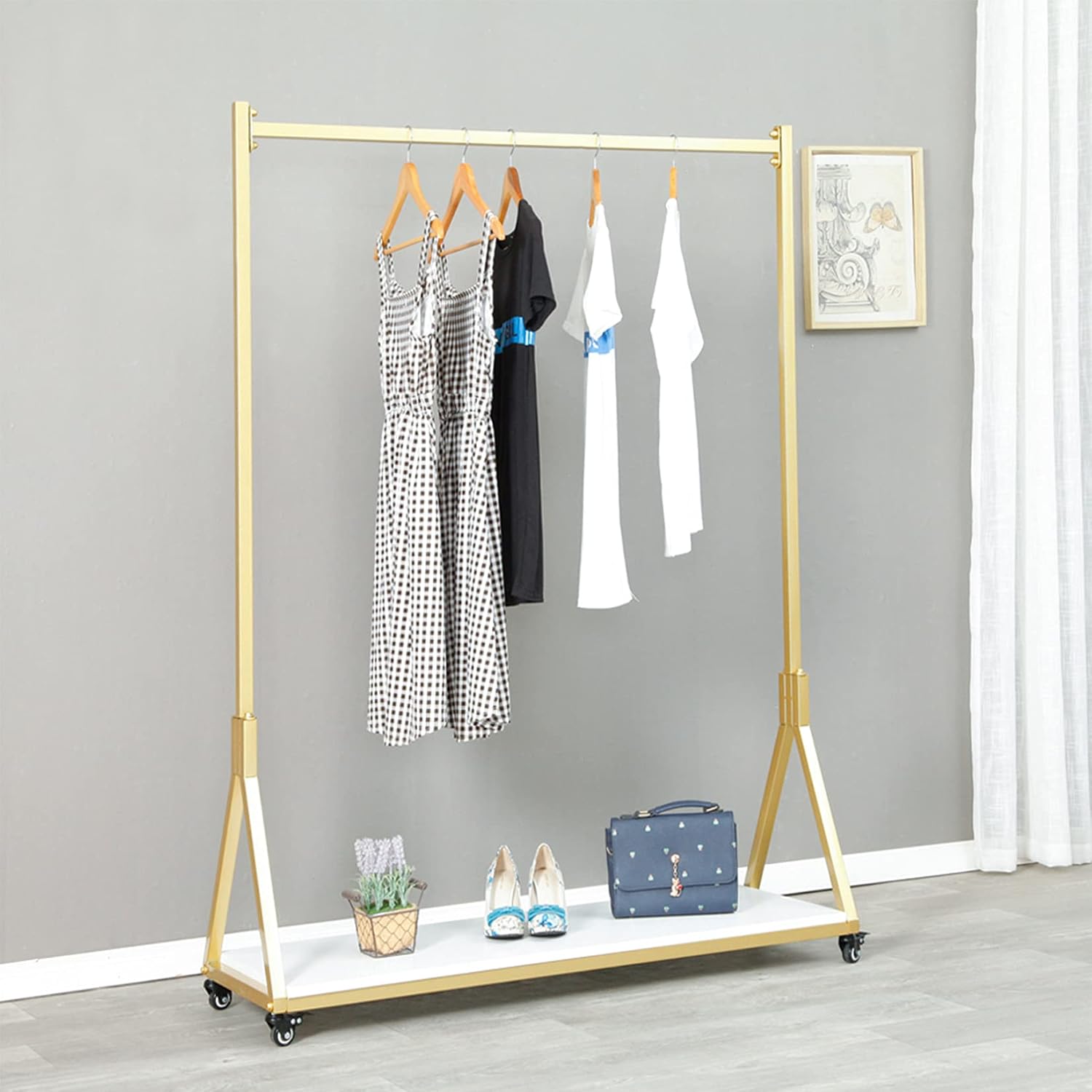 Modern Simple Heavy Duty Metal and Wood Rolling Clothing Garment Rack with Wheel,Creative Commercial Wedding Dress Display Shelf,Floor-Standing Clothes Hangers (Gold with Wood, 47.2' L)
