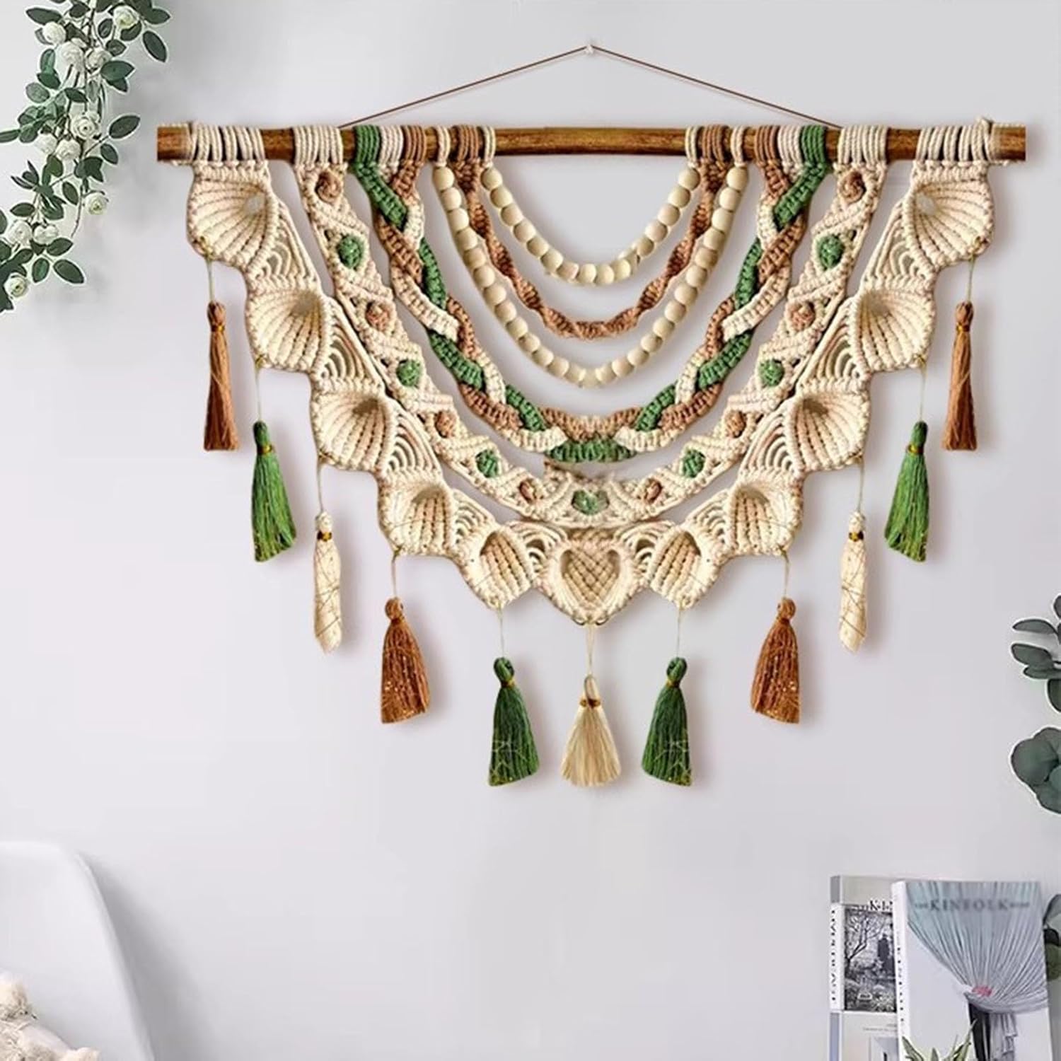 Macrame Wall Hanging Boho Macrame Wall Hanging, Handmade Woven Tapestry with Wooden Beads & Tassels, Home Decor for Bedroom Living Room Dorm(Green,80x60cm/31.5x23.6in)